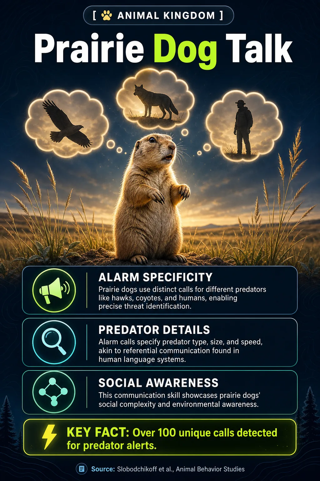 Infographic showing prairie dogs' complex alarm calls as referential communication, detailing predator type, size, and speed with a 3D scene and info cards.