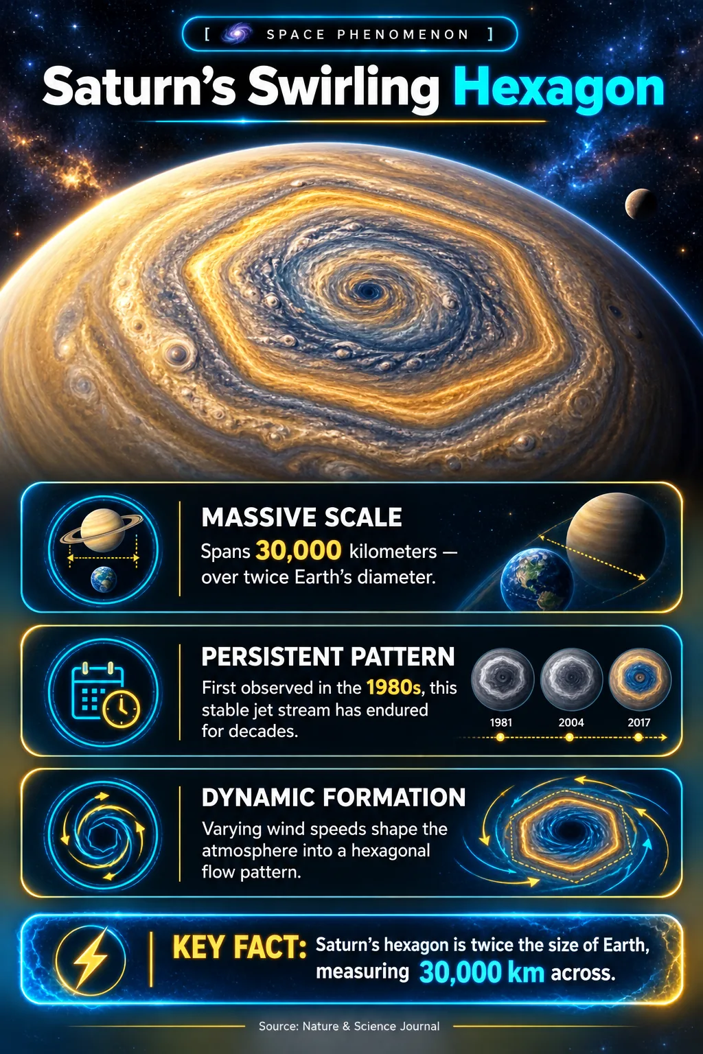 Infographic about Saturn's hexagonal storm at the north pole, featuring a 3D render and information cards detailing its scale, persistence, and formation.