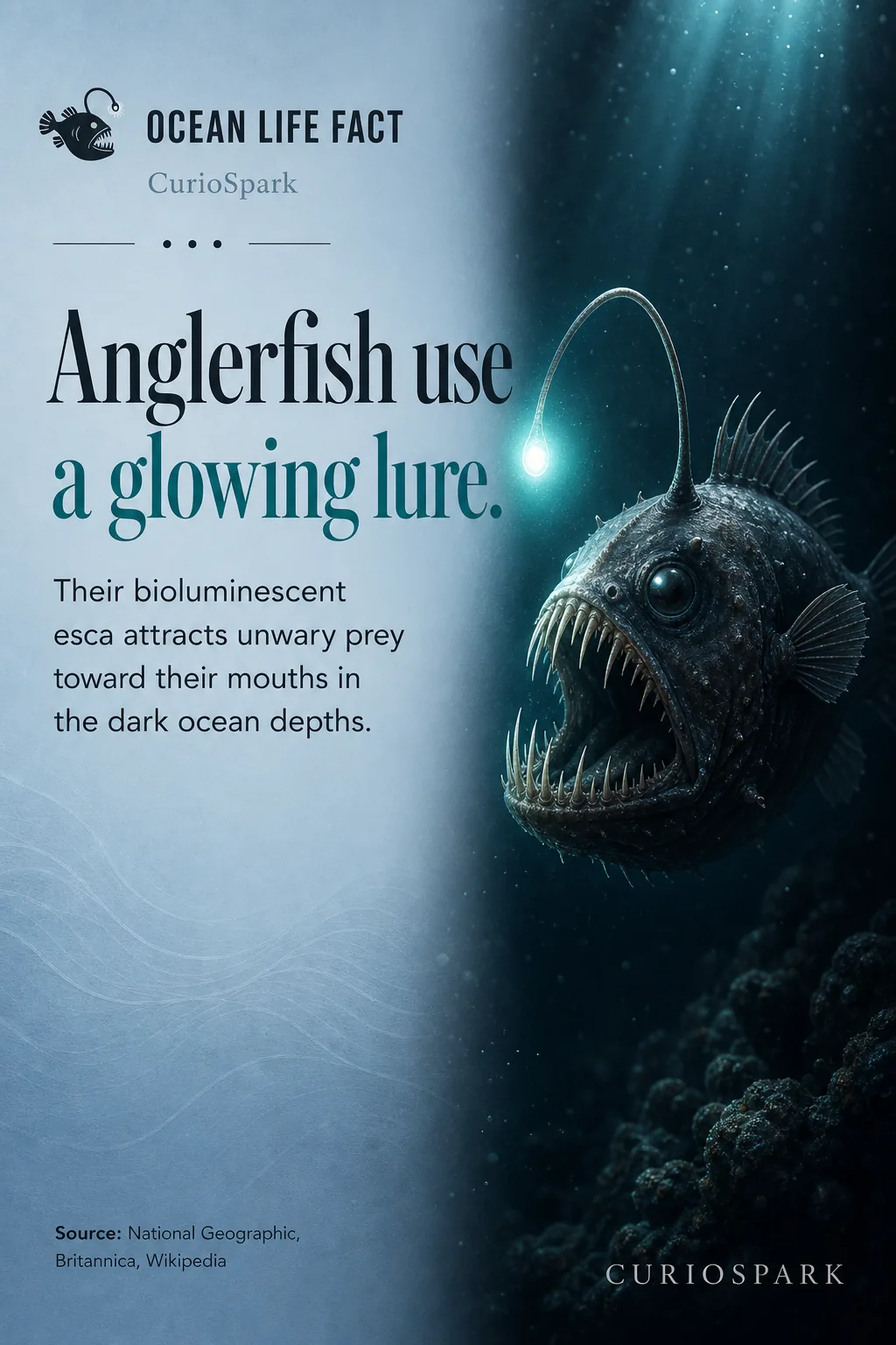3D render of an anglerfish using its glowing esca as a lure in deep ocean waters.