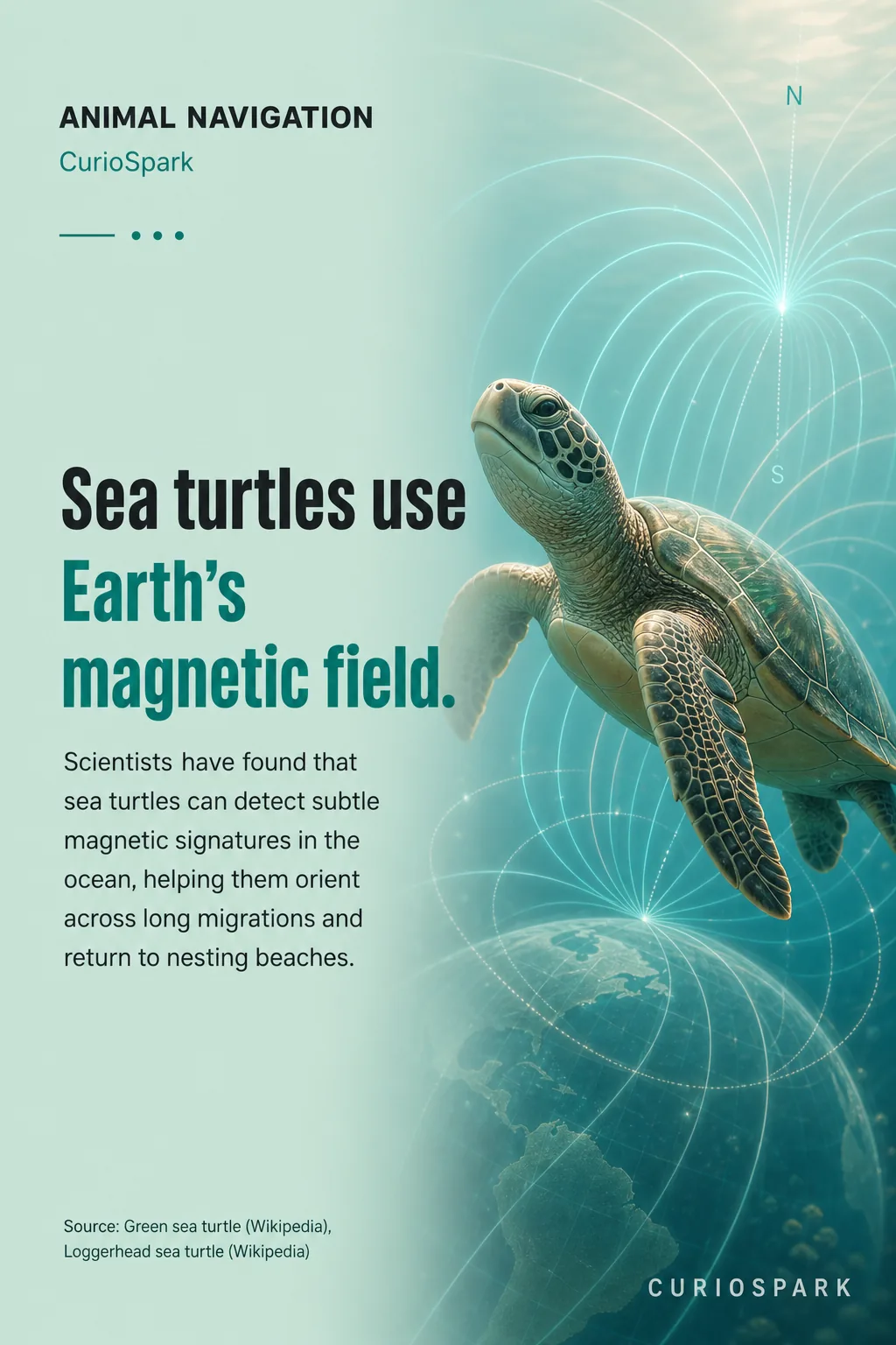 Sea turtles use Earth's magnetic field for ocean navigation over vast distances.