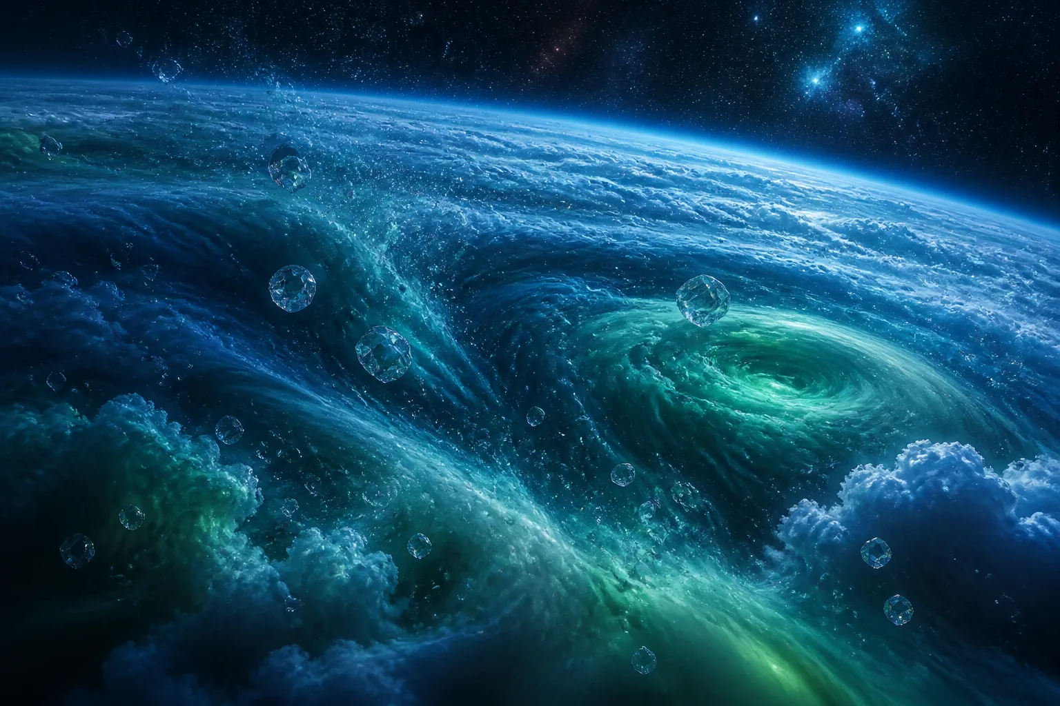 Neptune's atmosphere with diamonds falling through thick, swirling blue and green gas layers.