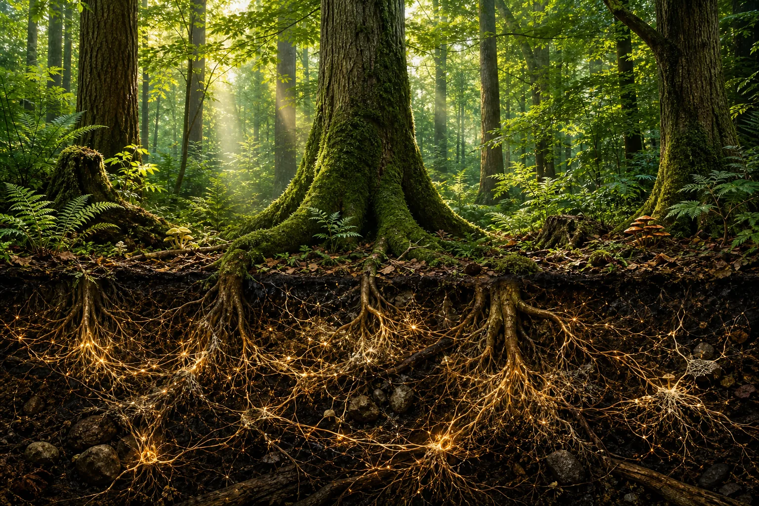 Forest cross-section showing trees connected by a network of mycorrhizal fungi underground.