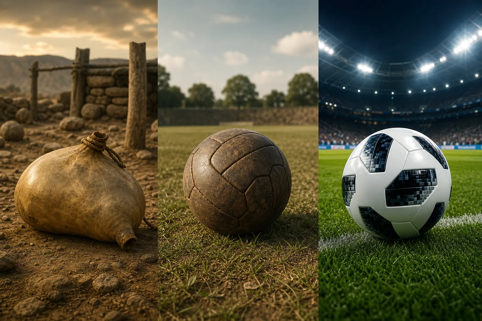 Evolution of the soccer ball from animal bladder to modern design in a stadium setting.