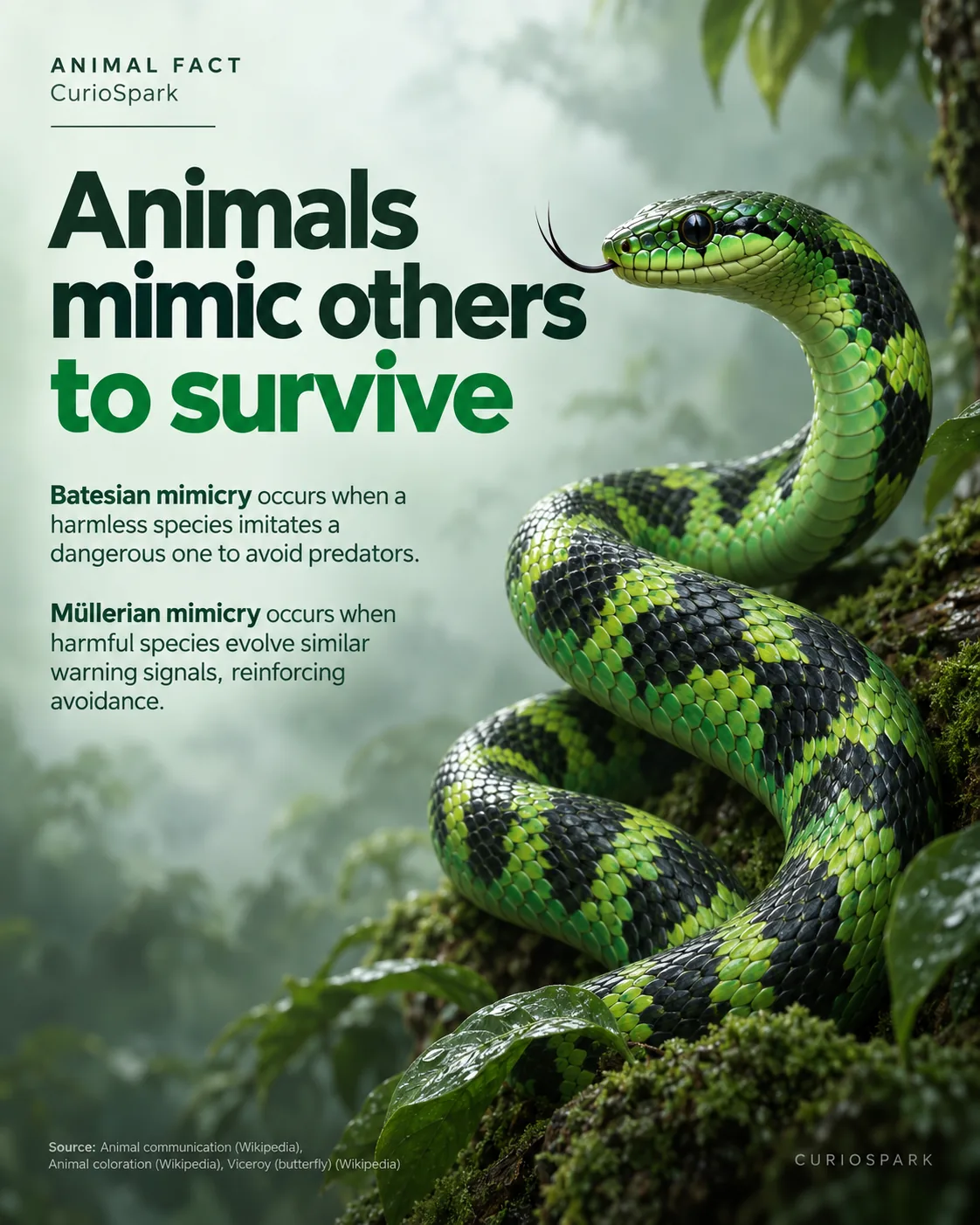 Infographic detailing animal mimicry with a snake mimicking coloration for survival against predators.