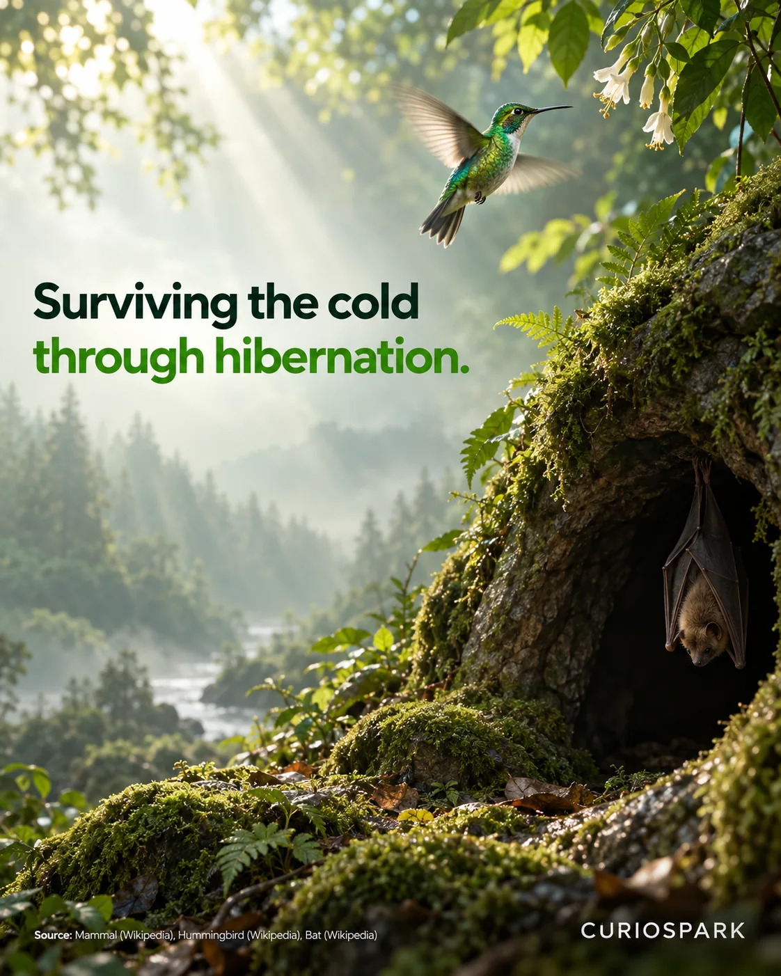 Infographic showing animals like bats and hummingbirds using hibernation and torpor to conserve energy.