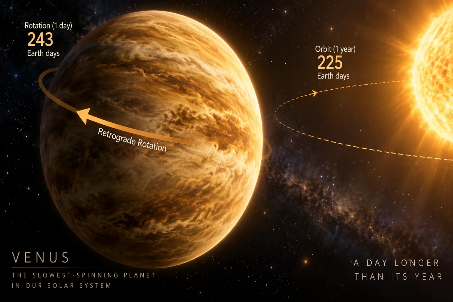 3D artistic visualization of planet Venus spinning slowly in reverse orbit around the Sun