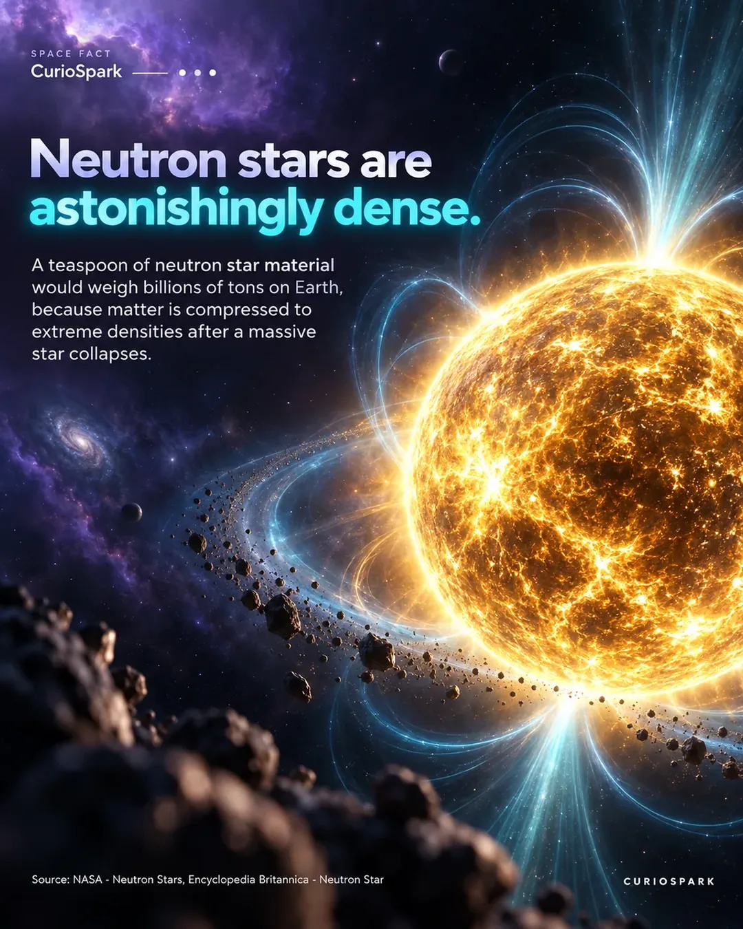3D artistic render of a glowing blue super-dense neutron star spinning rapidly in deep space