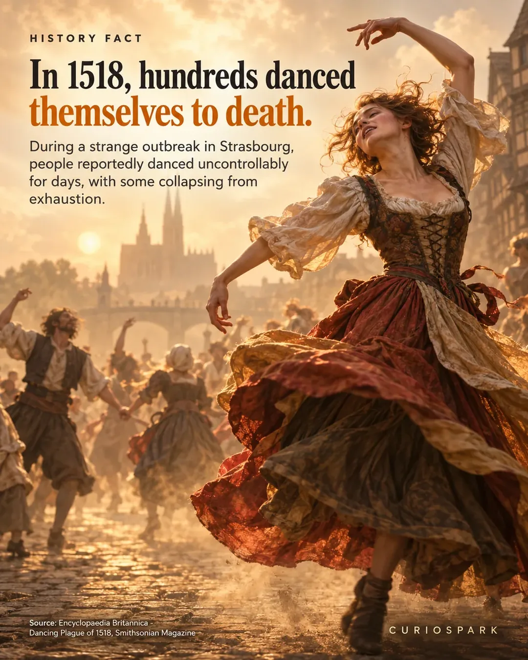Historical illustration of medieval people dancing uncontrollably in the streets of Strasbourg 1518