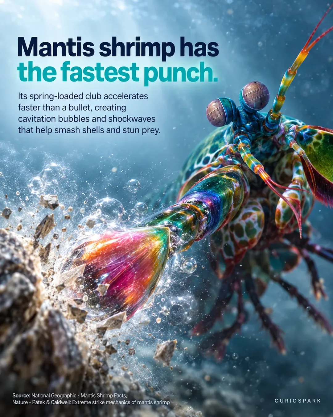 Vibrant peacock mantis shrimp underwater displaying its colorful shell and powerful striking dactyl clubs