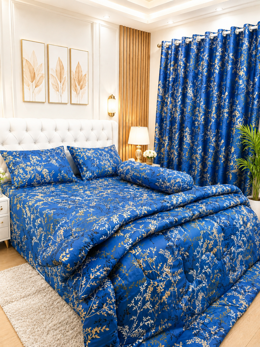 Twill Cotton Comforter Set 5 Pcs – Royal Blue Gold Vine