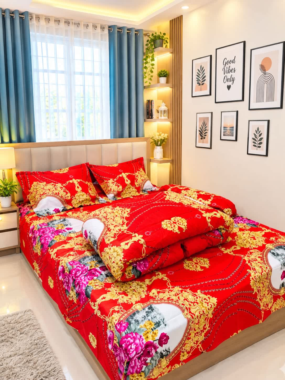 Twill Cotton Comforter Set 5 Pcs – Red Gold Chain Rose
