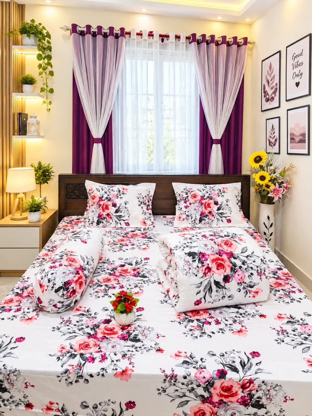 Twill Cotton Comforter Set 5 Pcs – White Charcoal Rose – Sleep Sheet Bangladesh