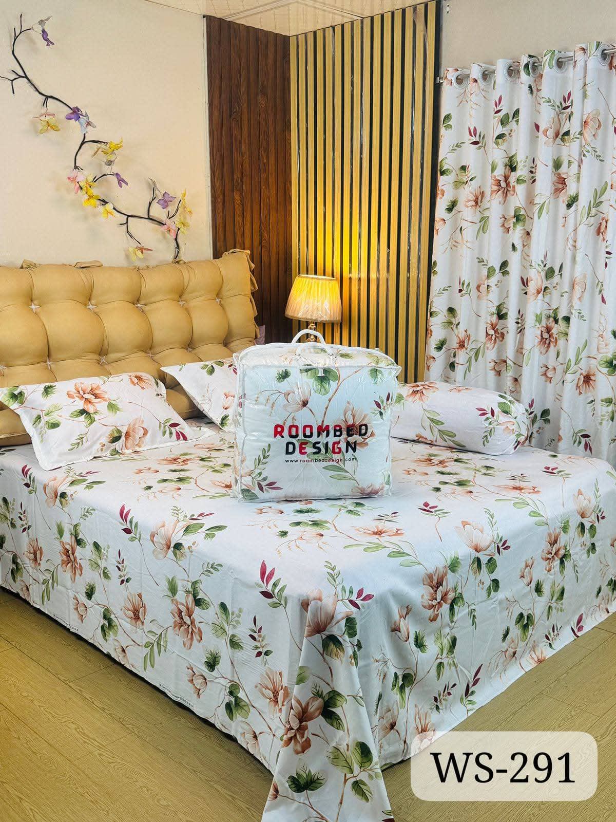 Twill Cotton Comforter Set 5 Pcs – White Peach Lily – Sleep Sheet Bangladesh