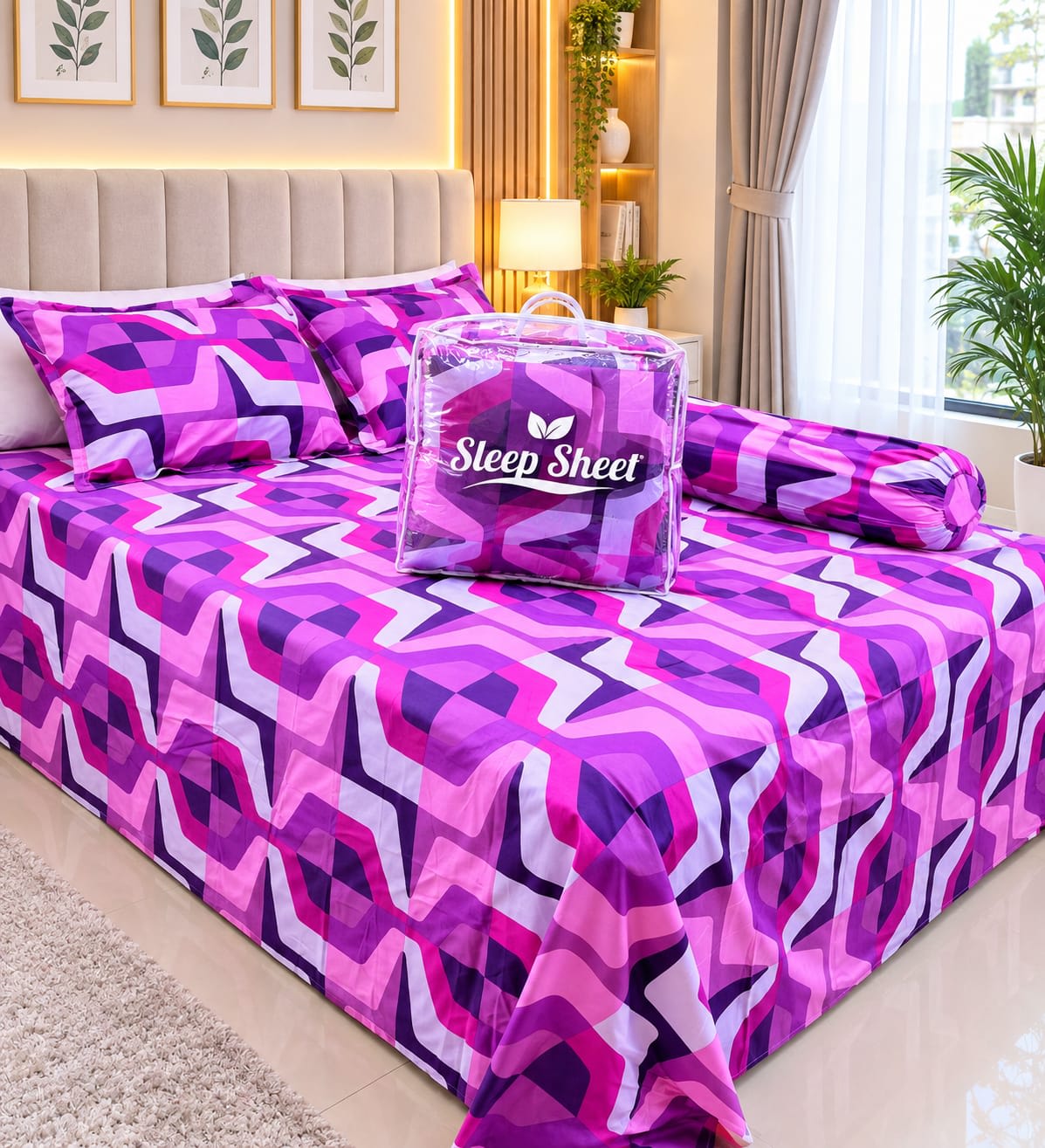 Twill Cotton Comforter Set 5 Pcs – Purple Geometric