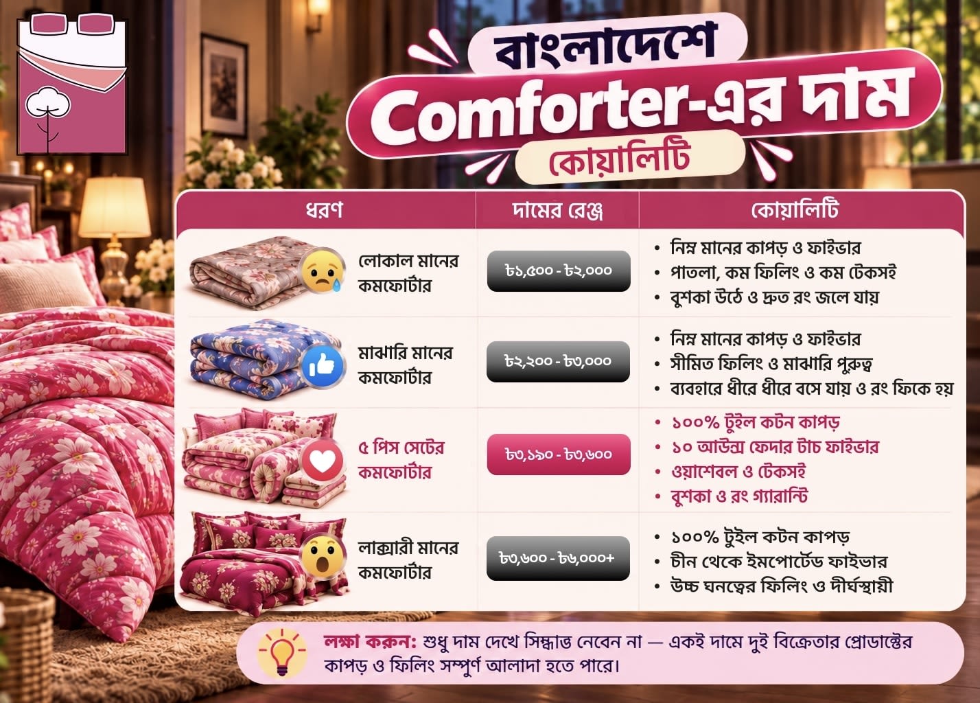 Comforter Price in Bangladesh (২০২৬) — সম্পূর্ণ দাম ও তুলনা গাইড