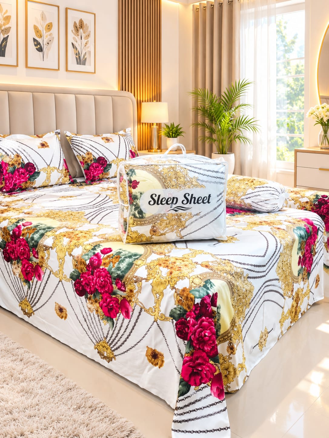 Twill Cotton Comforter Set 5 Pcs – White Gold Chain Rose