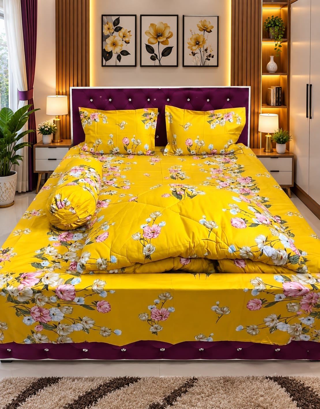 Twill Cotton Comforter Set 5 Pcs – Mustard Yellow Peony