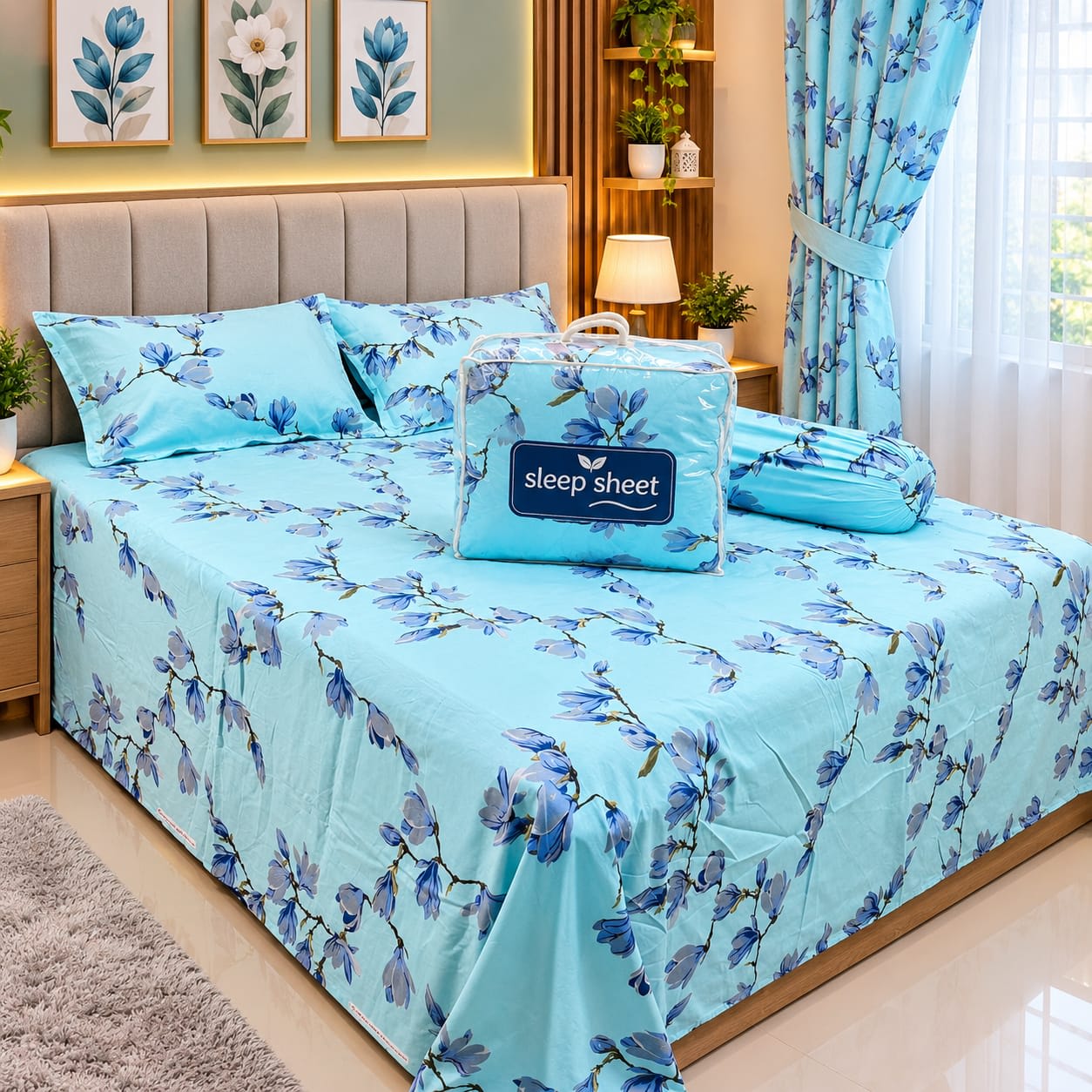 Twill Cotton Comforter Set 5 Pcs – Aqua Magnolia