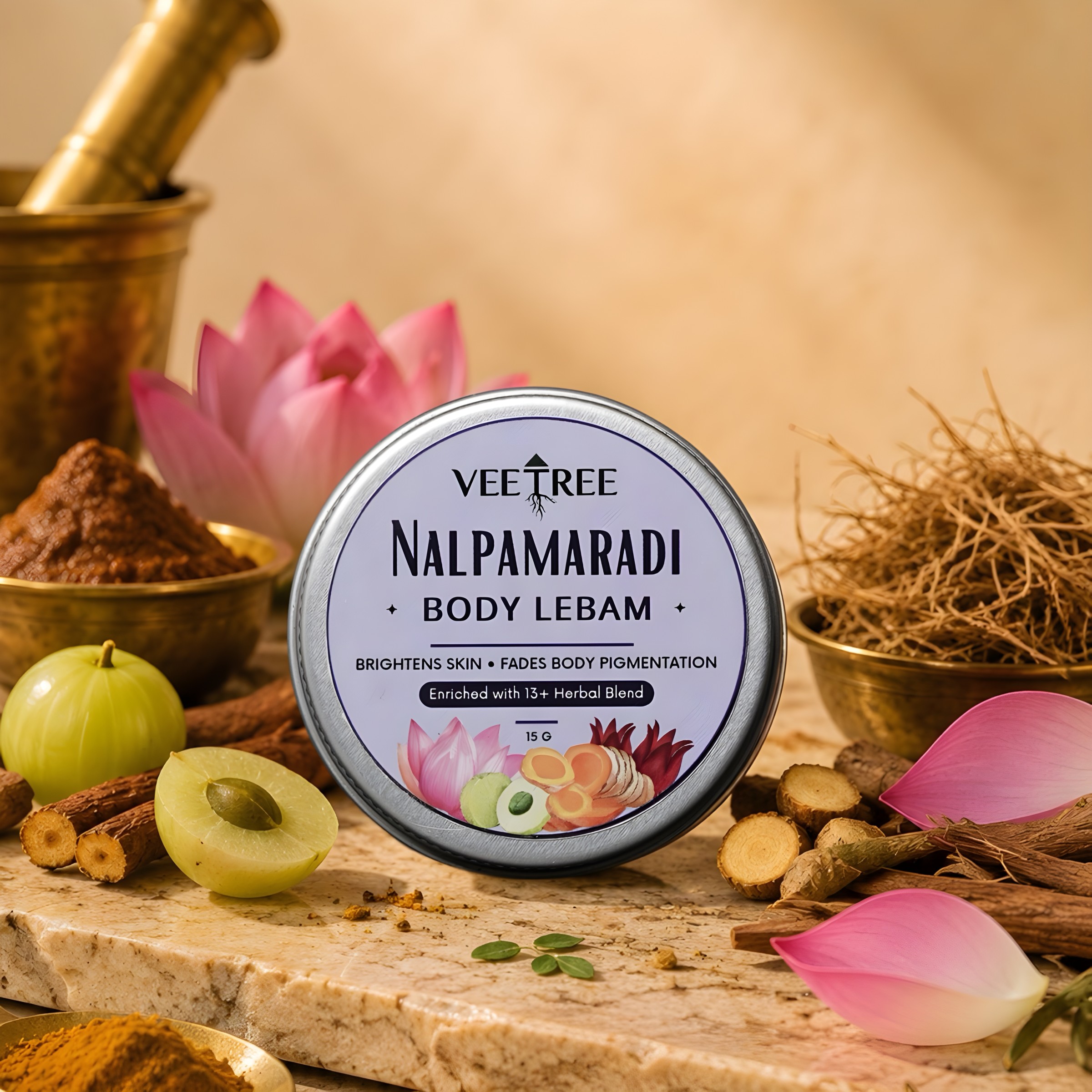 Veetree Nalpamaradi Lepam in a metal tin, surrounded by amla, turmeric, lotus petals and herbal roots