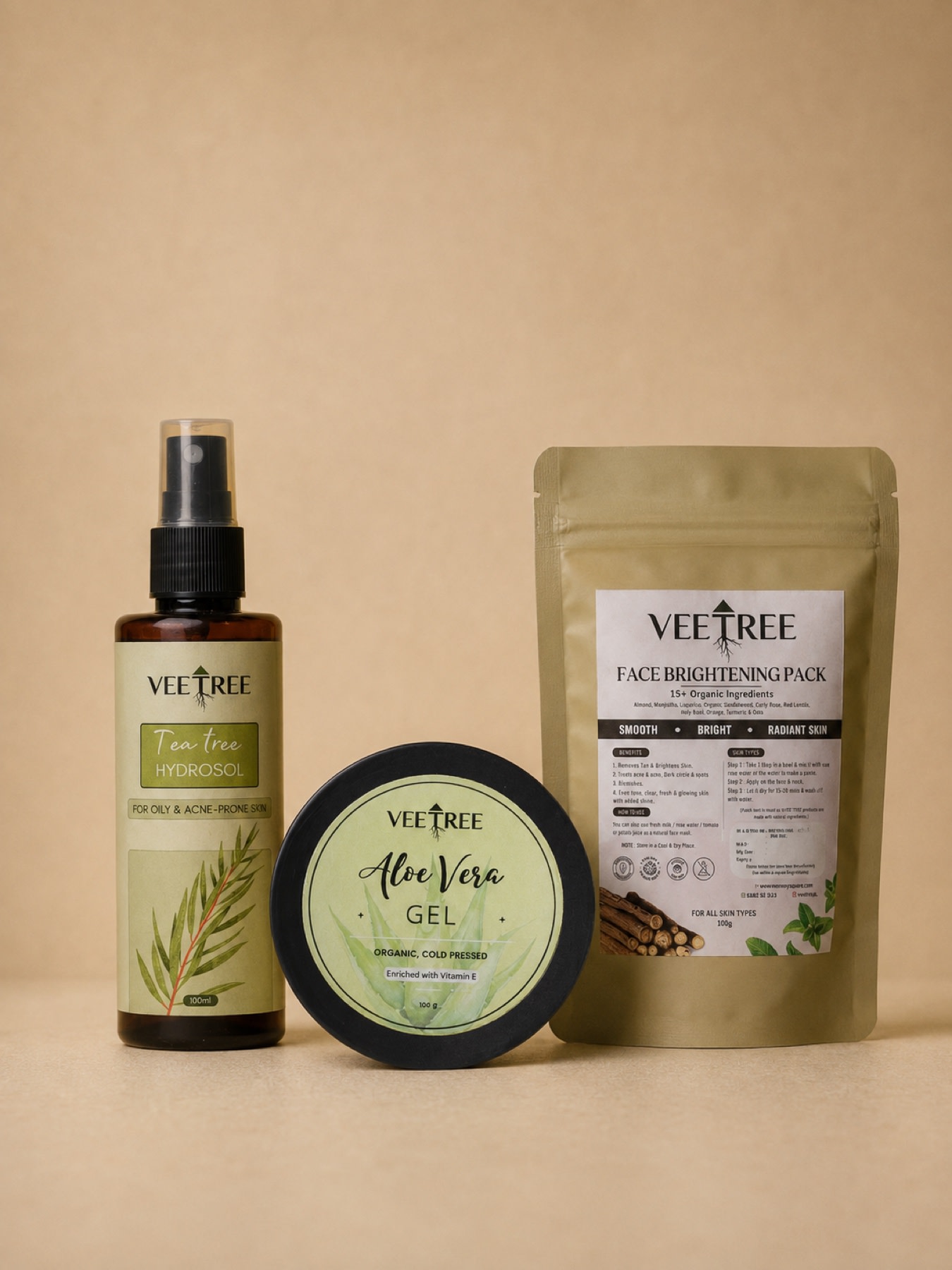 Veetree Anti Acne Control Combo: Aloe Vera Gel 100 g, Face Brightening Pack 100 g, Tea Tree Hydrosol 100 ml