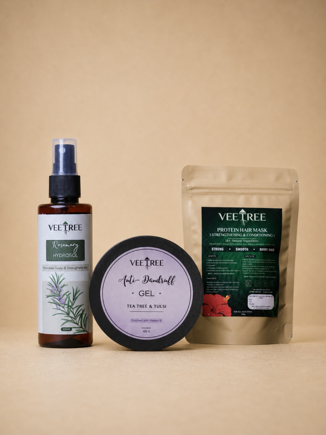 Veetree Dandruff Care Combo: Protein Hair Mask 100 g, Anti-Dandruff Gel 100 g, Rosemary Hydrosol 100 ml