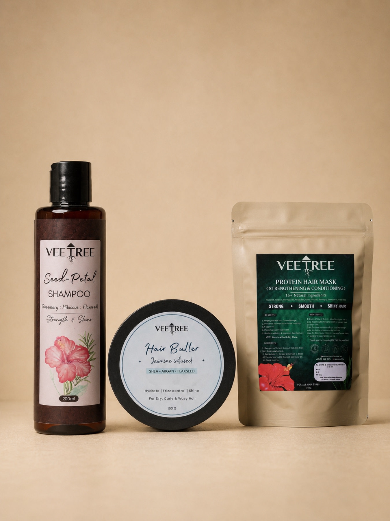 Veetree Frizz Hair Control Combo: Protein Hair Mask 100 g, Seed-Petal Shampoo 200 ml, Jasmine Hair Butter 100 g