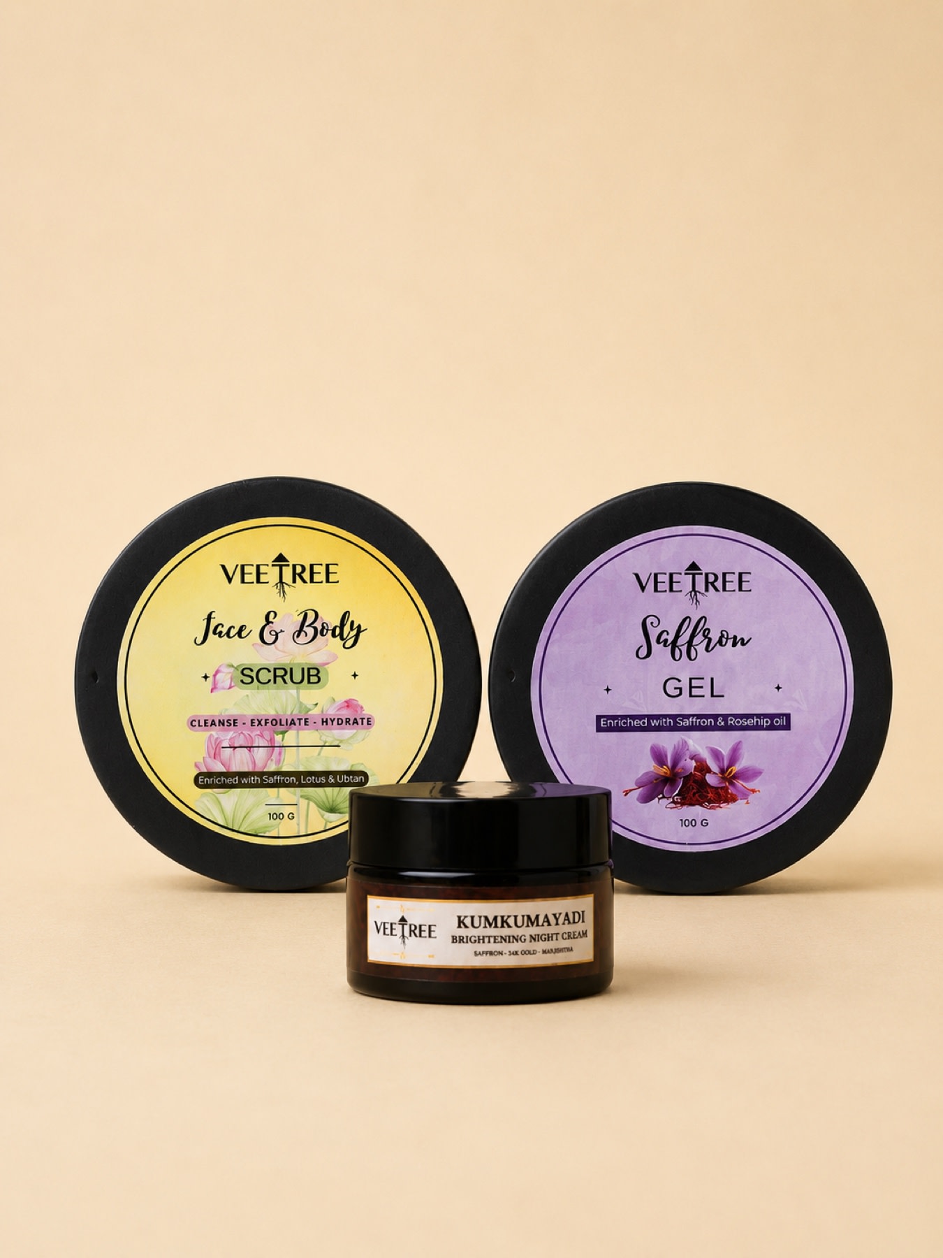Veetree Good Glow Skin Combo: Saffron Gel 100 g, Kumkumayadi Night Cream 30 g, Face & Body Scrub 100 g