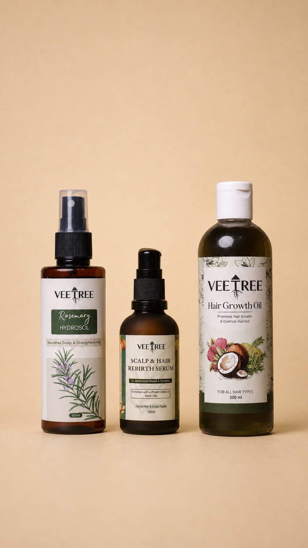 Veetree Hair Growth Combo: Hair Growth Oil 200 ml, Scalp & Hair Rebirth Serum 50 ml, Rosemary Hydrosol 100 ml