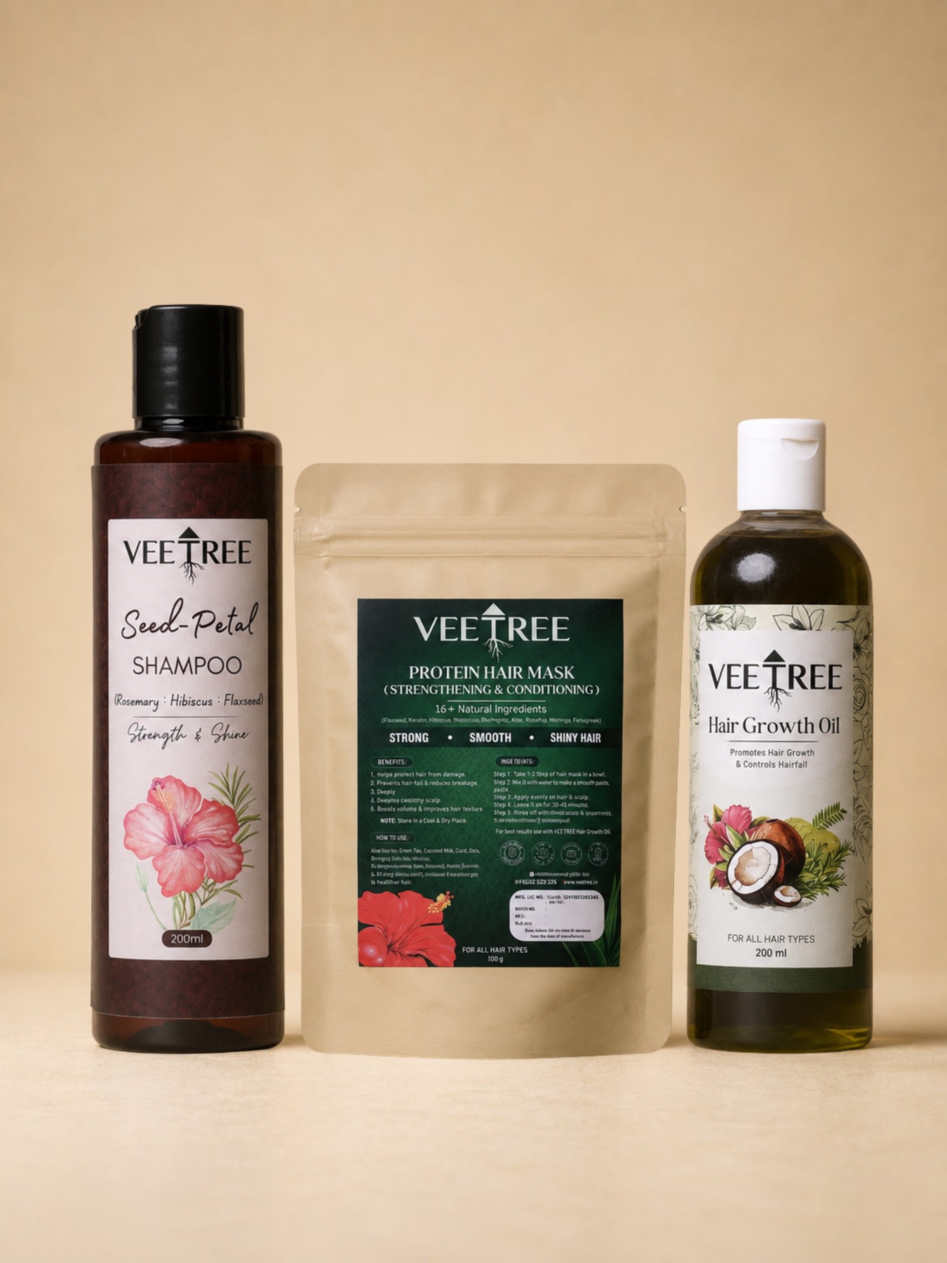 Veetree Healthy Hair Care Combo: Hair Growth Oil 200 ml, Protein Hair Mask 100 g, Seed-Petal Shampoo 200 ml