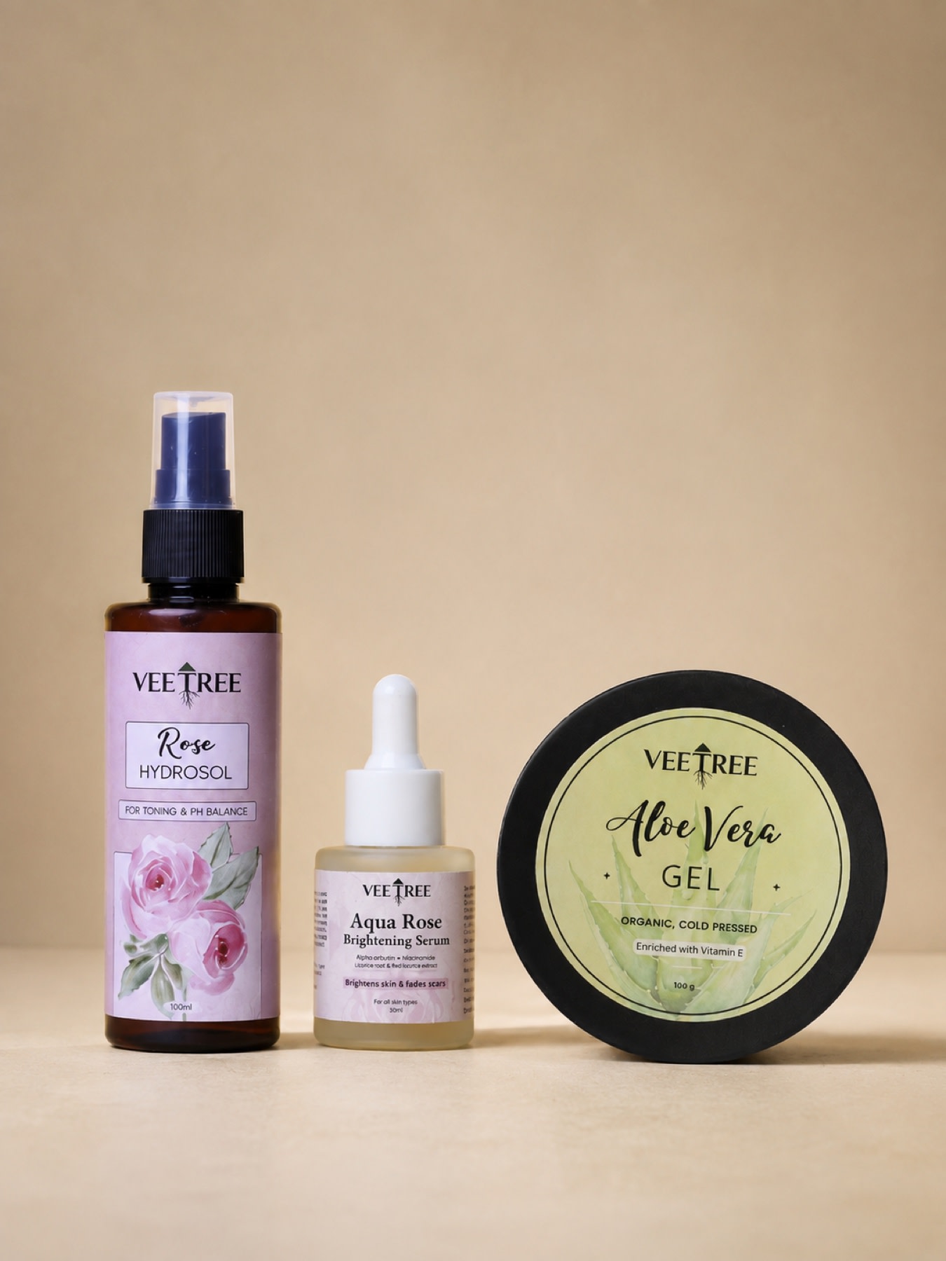 Veetree Hydration & Even Tone Combo: Aloe Vera Gel 100 g, Aqua Rose Brightening Serum 30 ml, Rose Hydrosol 100 ml