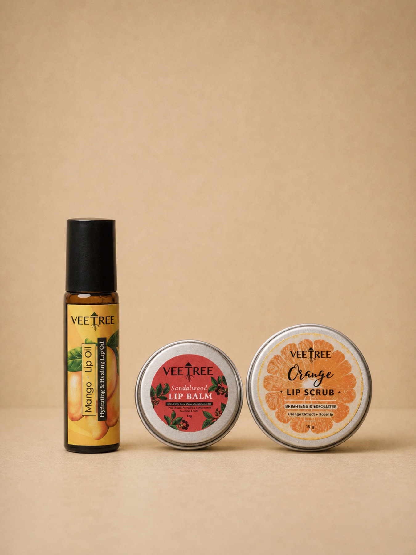 Veetree Lovely Lips Combo: Sandalwood Lip Balm 10 g, Orange Lip Scrub 15 g, Mango Lip Oil 10 ml
