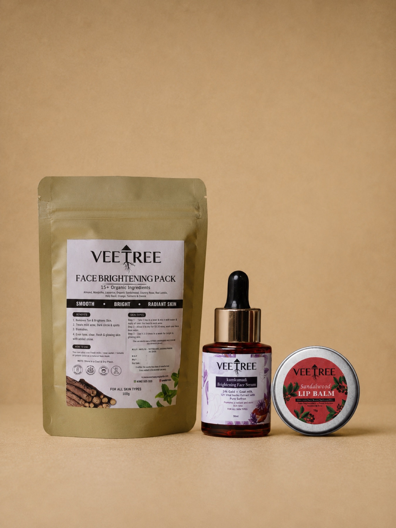 Veetree Teenage Care Combo: Face Brightening Pack 100 g, Kumkumadi Serum 15 ml, Sandalwood Lip Balm 10 g