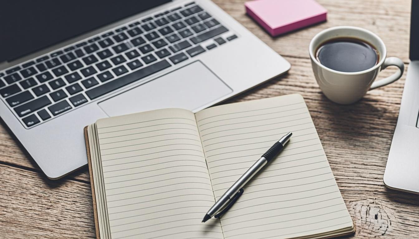 Notebook, coffee and laptop arranged on a warm desk