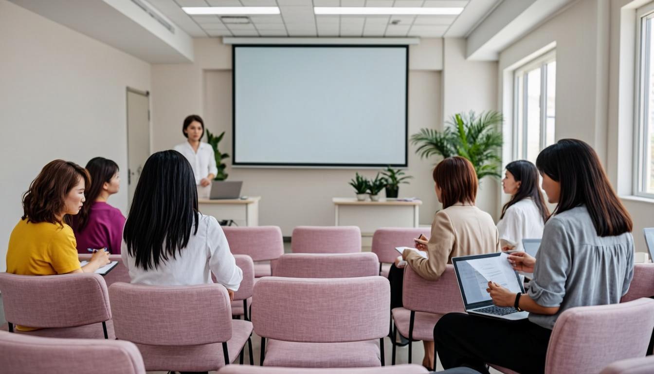 Bright workshop room with attendees learning together