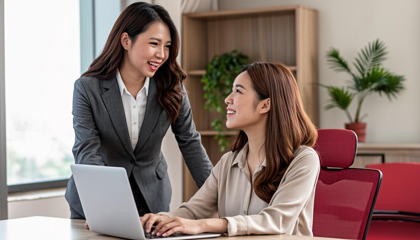 Mentor guiding a student at a laptop in a bright learning space