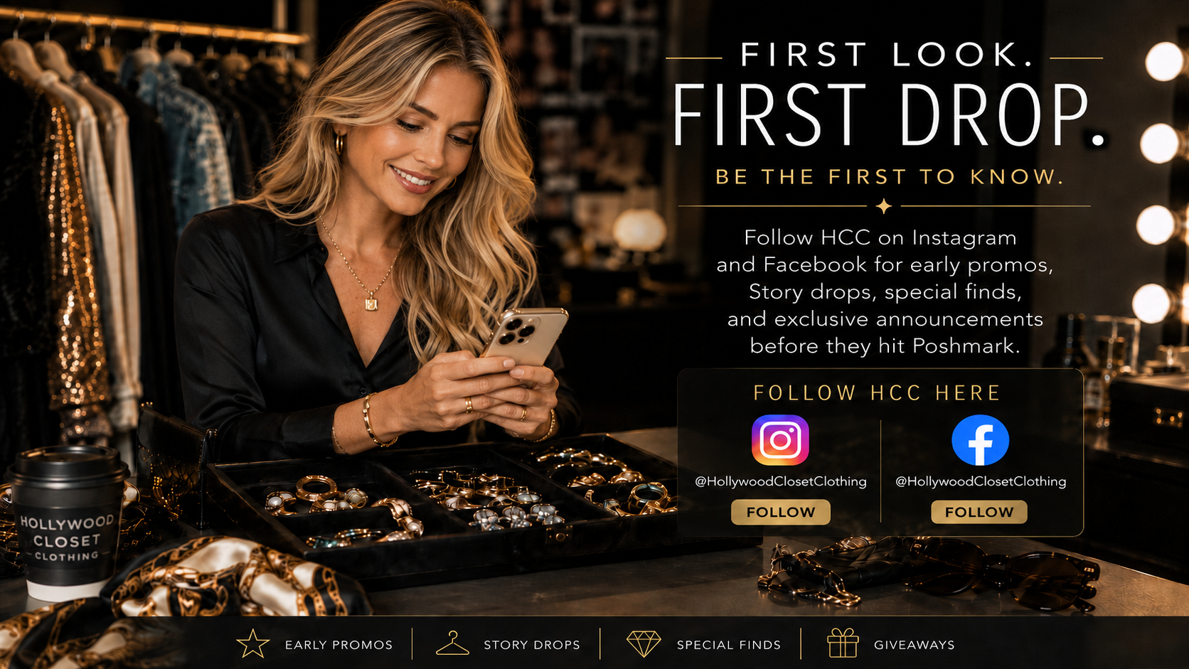 First Look. First Drop. Follow Hollywood Closet Clothing on Instagram and Facebook.
