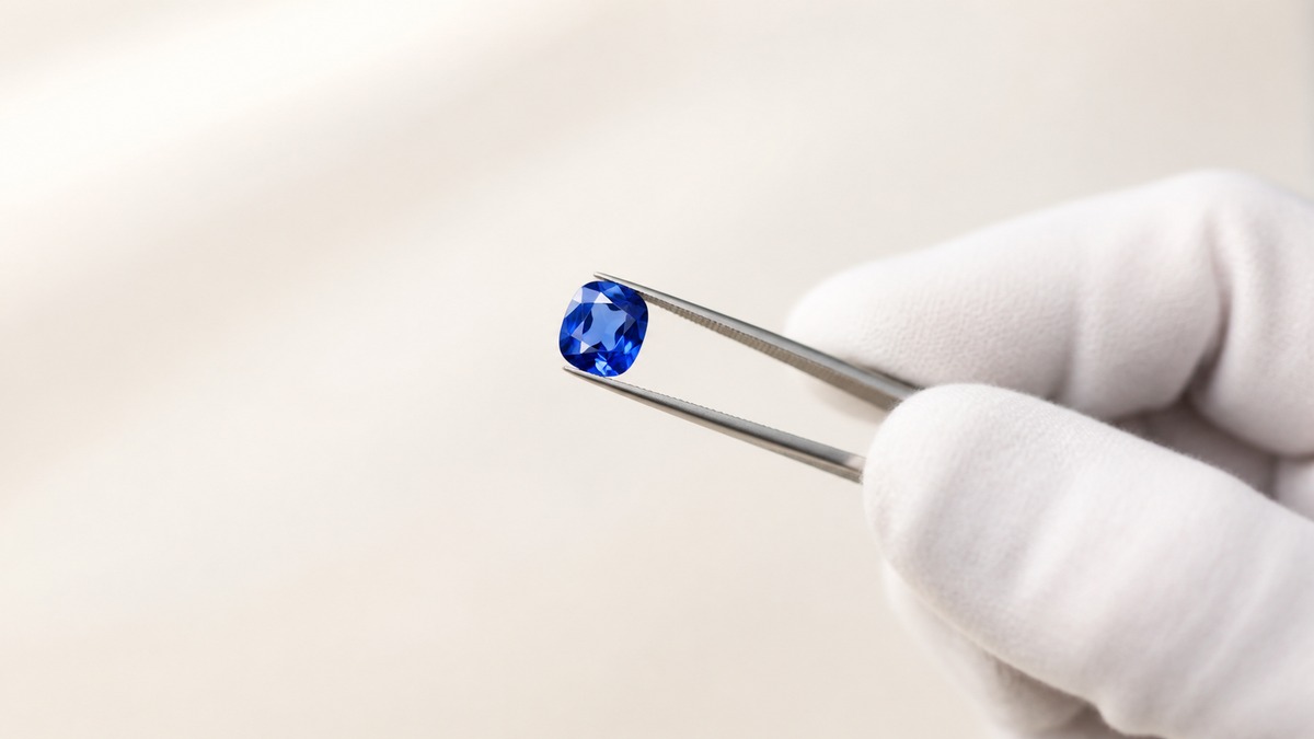 Blue sapphire held with jeweller tweezers