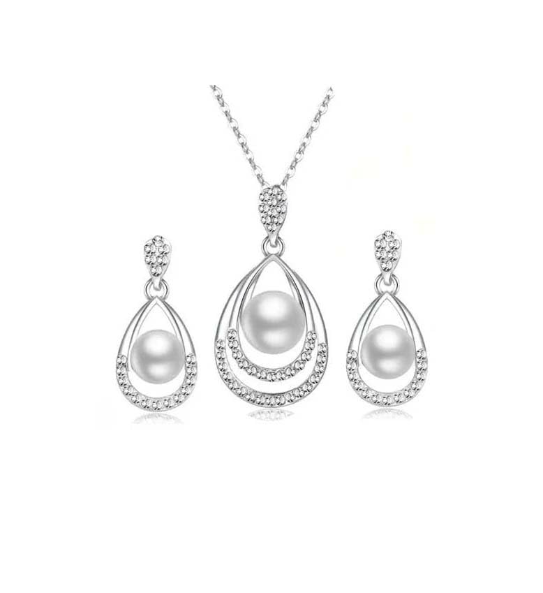 Teardrop Halo Pearl Necklace & Earrings Set