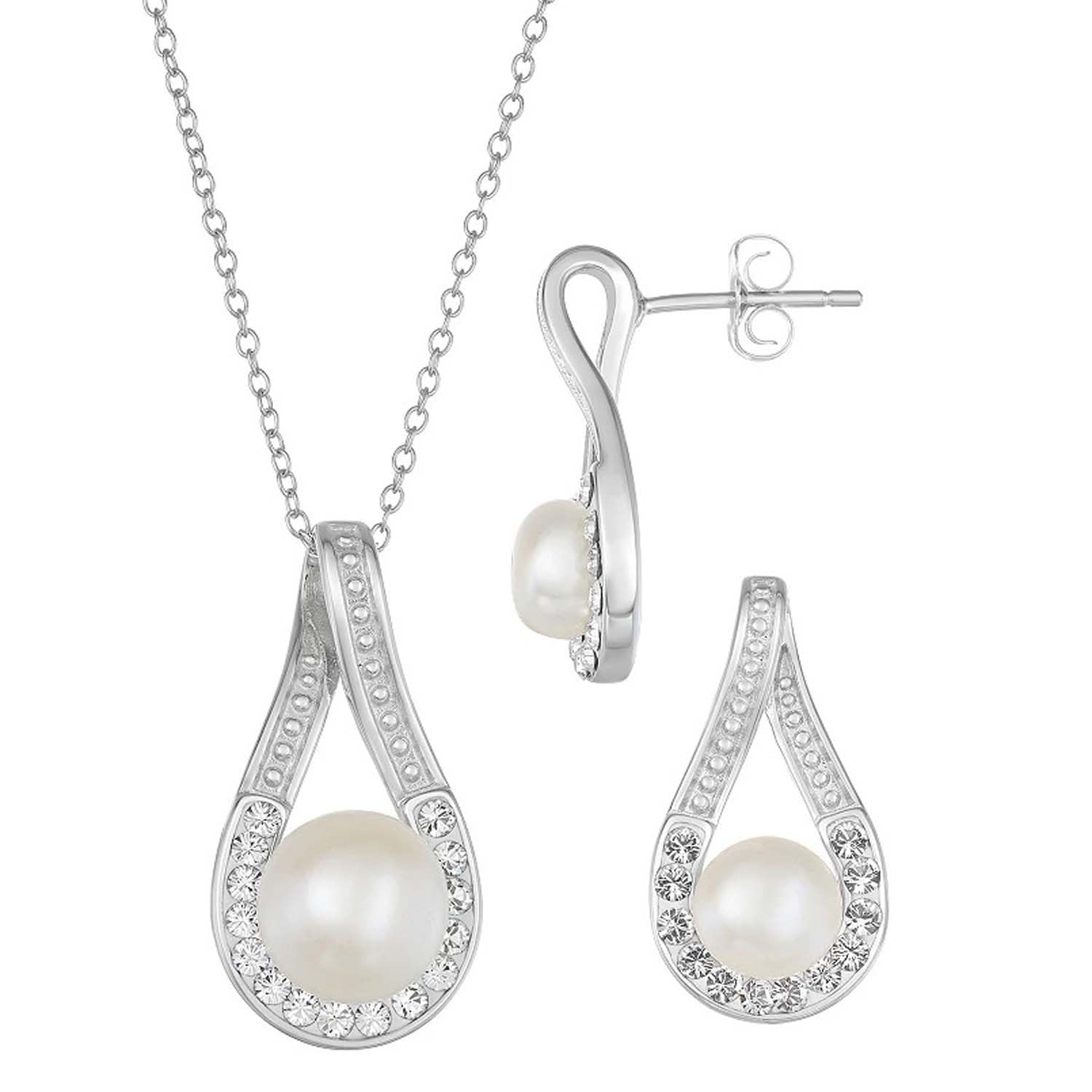 Crystal Teardrop Pearl Necklace & Earrings Set