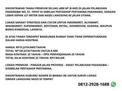 DIKONTRAKAN TANAH STRATEGIS 800 M² PINGGIR JALAN PROVINSI SEBELAH PERTASHOP PADANGBAI - Thumbnail 6