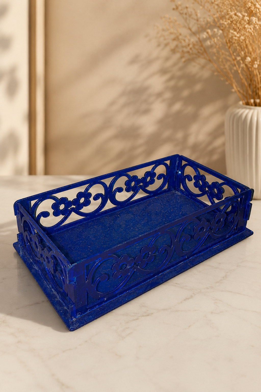 Blue Floral Cutout Wooden Tray