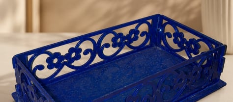 Blue Floral Cutout Wooden Tray