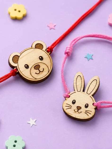 Kids Cartoon Bhai-Behen Wooden Rakhi Set