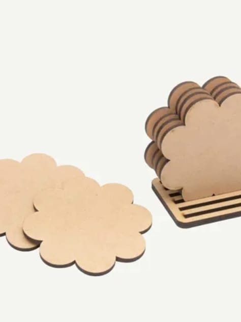Scalloped Flower Wooden Coaster Set with Holder