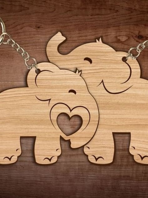 Elephant Couple Wooden Keychain