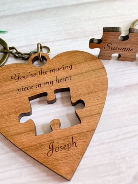 Personalized Puzzle Heart Wooden Keychain