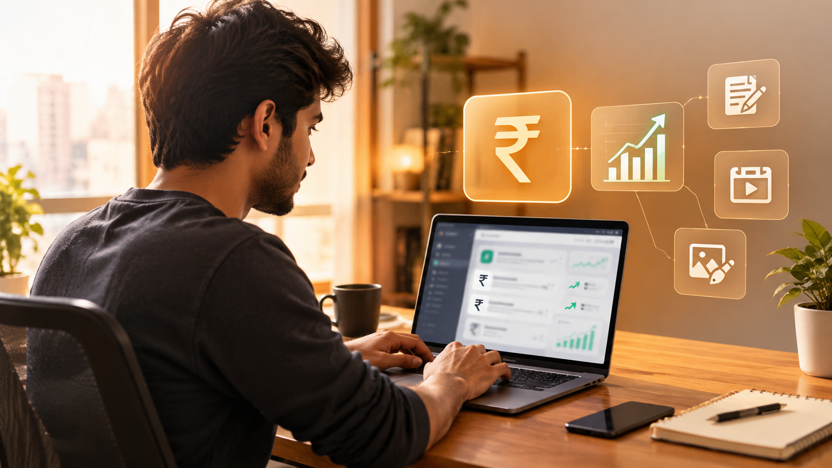 Person working on laptop with AI side hustle notifications showing rupee earnings