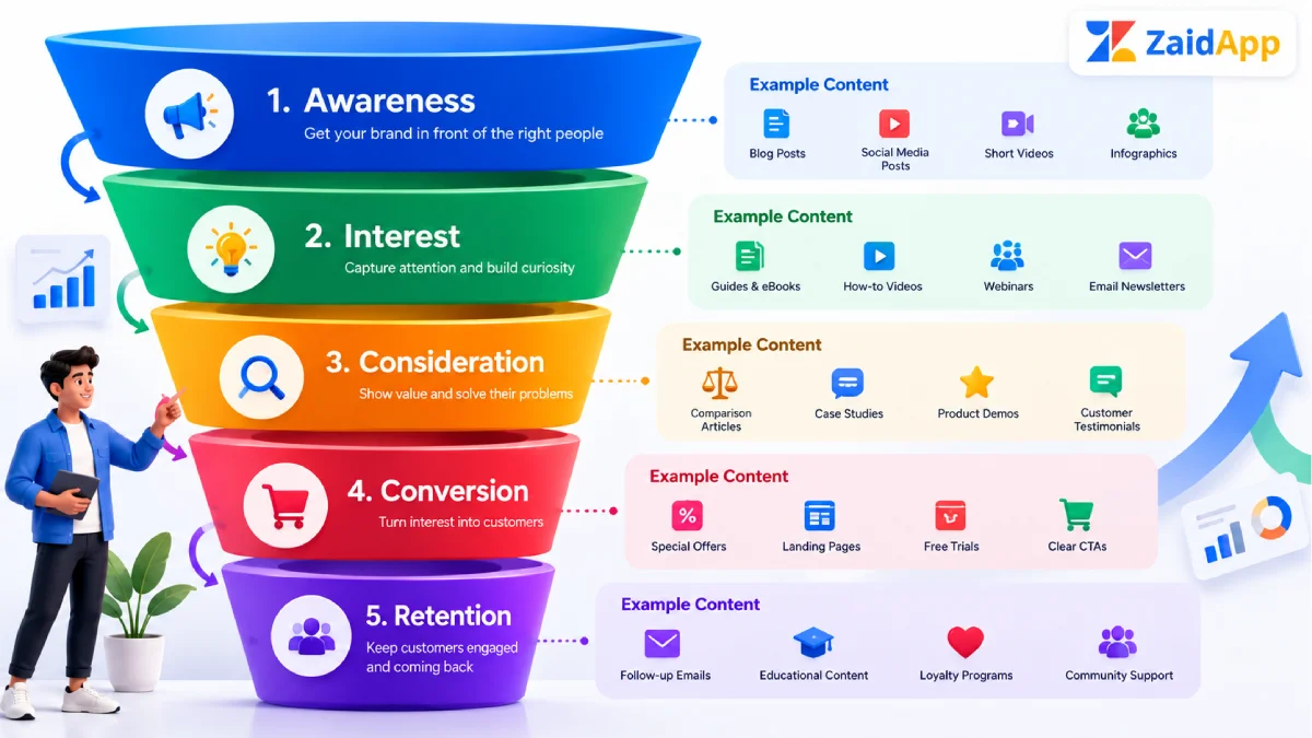 Digital marketing funnel stages from awareness to customer retention. Digital marketing funnel stages from awareness to customer retention.