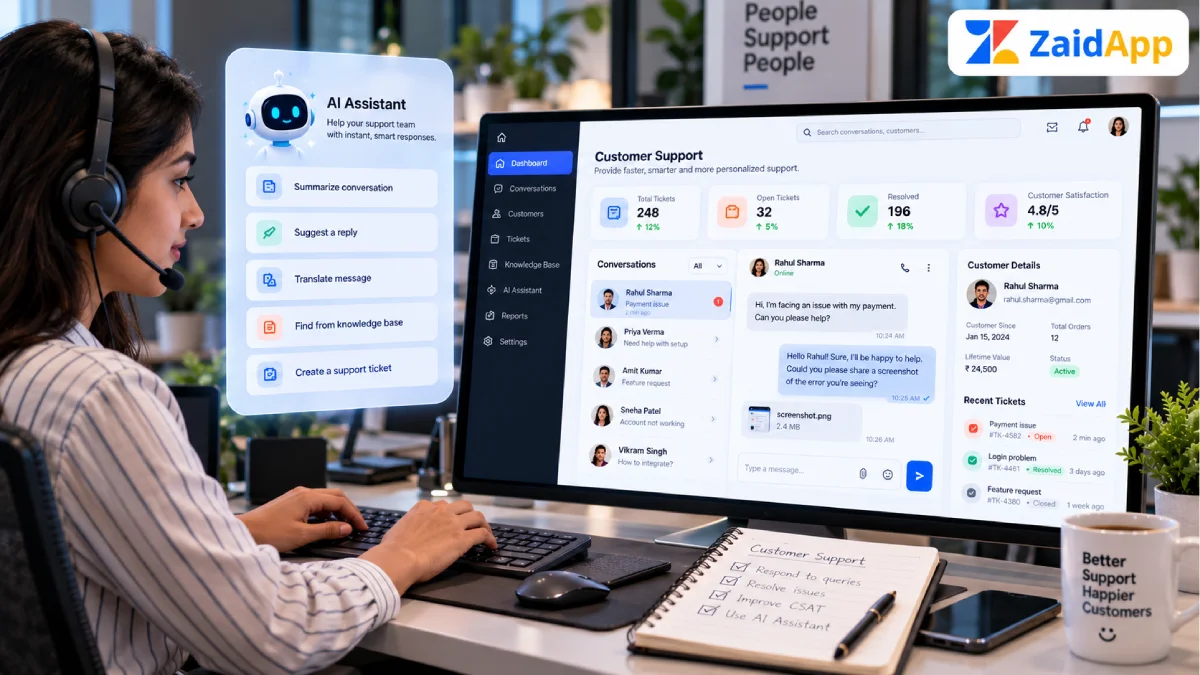 AI in customer experience helping a support team manage customer enquiries. AI in customer experience helping a support team manage customer enquiries.