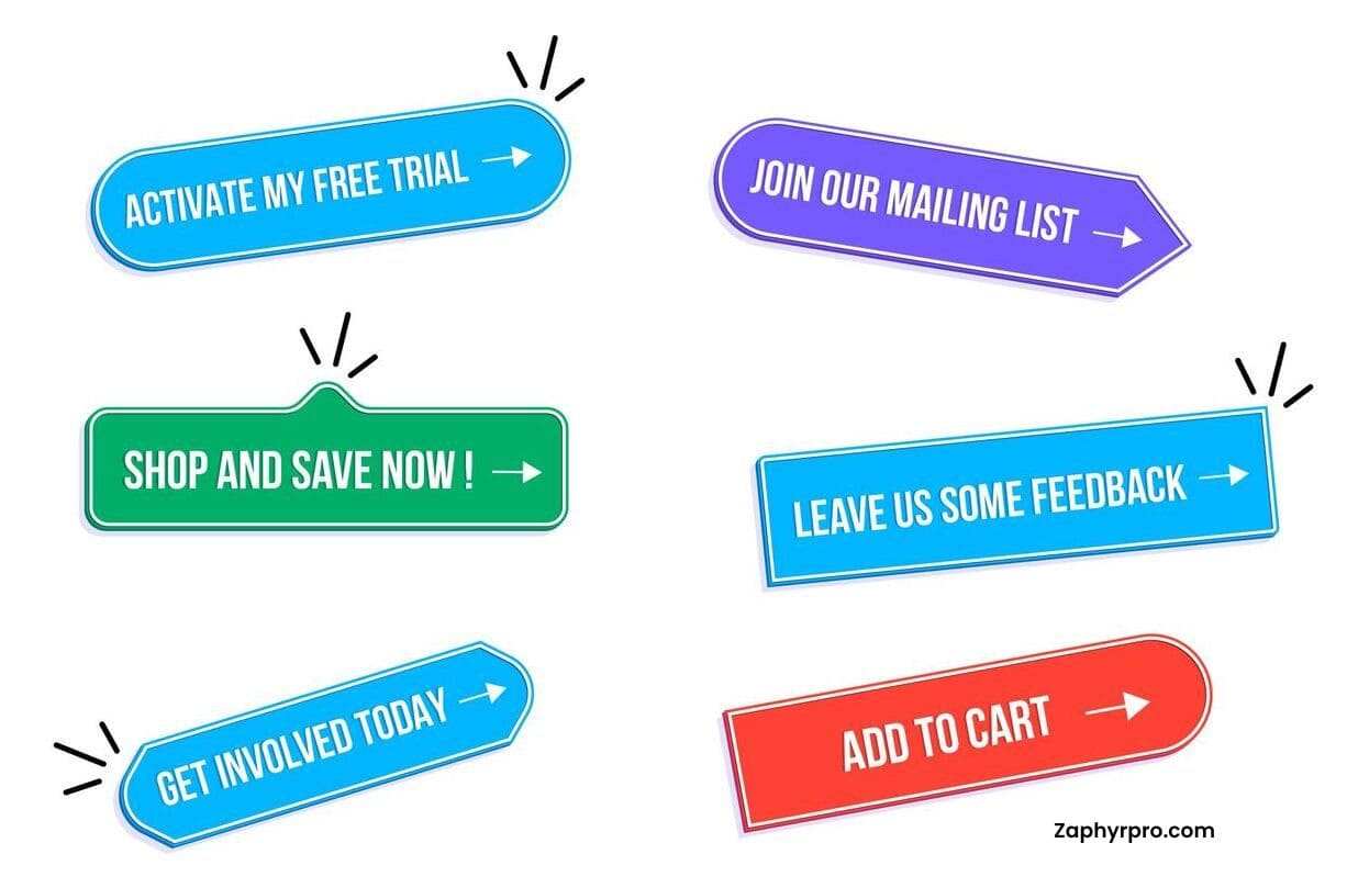 Effective CTA button examples for marketing funnels: Free trial signup, email list subscription, e-commerce prompts, and feedback requests